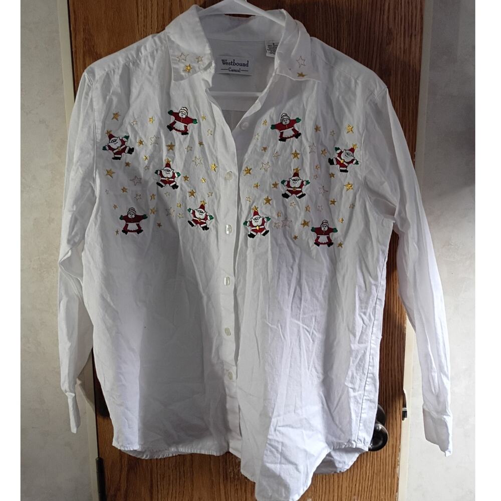 Vintage Christmas Santa Embroidered White Button Front Shirt Holiday Small